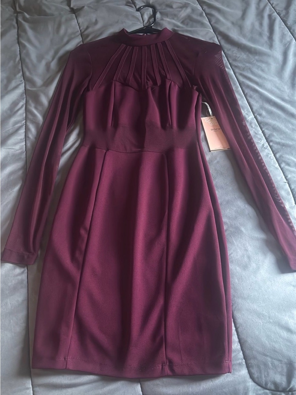 Long Sleeve Pleated Yoke Bodycon Dress in Burgundy